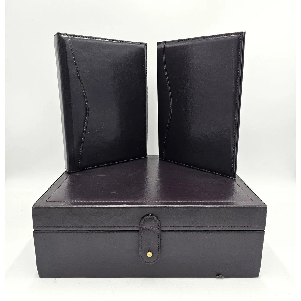 Brown Leather Photo Keepsake Storage Box With 2 Matching 3-Ring Binders